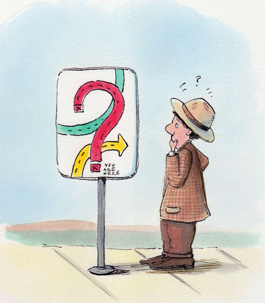 Illustration of a man in a hat looking confused at a sign with arrows and question marks, rendered in a watercolor style with pastel colors.