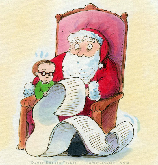 Whimsical watercolor illustration of Santa Claus holding a long scroll and a young boy with glasses sitting on his lap.