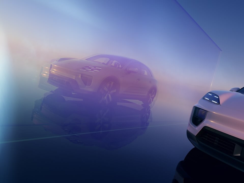 Low-angle shot of two modern SUVs, one in focus and the other reflected in a pane of glass, set against a gradient blue and golden sky.