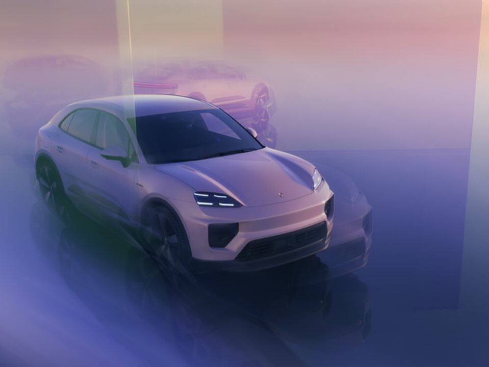 CGI rendering of a light purple Porsche SUV parked indoors with a blurred reflection, set against a blurred pink and purple backdrop.