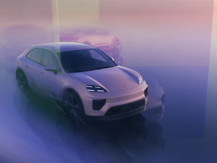 CGI rendering of a light purple Porsche SUV parked indoors with a blurred reflection, set against a blurred pink and purple backdrop.