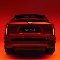 Rear view of a red electric vehicle with illuminated taillights parked against a solid red studio backdrop.