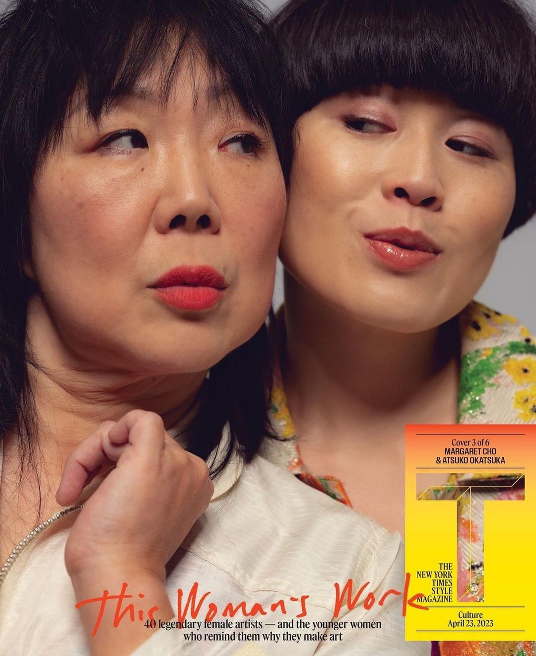 Magazine cover featuring two Asian women, one in a floral shirt, with bold makeup and hair, alongside magazine text and details.