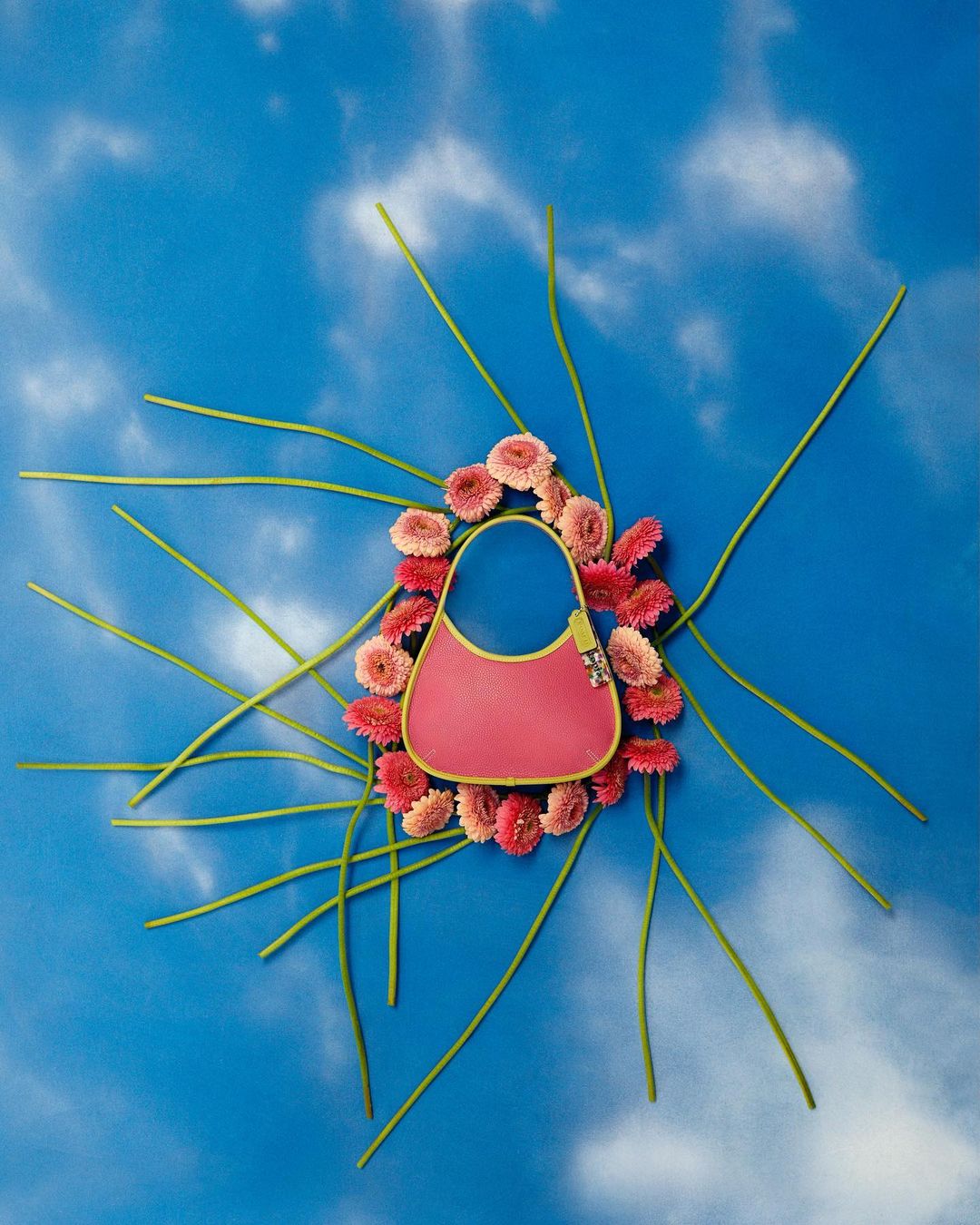 Fashion handbag surrounded by pink flowers and green stems against a vibrant blue sky with clouds, creating a striking and playful composition.