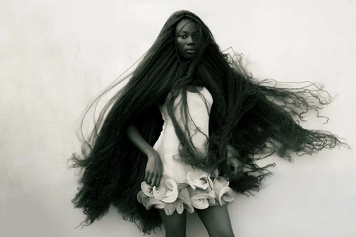 Artistic studio shot of a Black woman in a short dress with billowing dark hair against a bright neutral background in black and white.