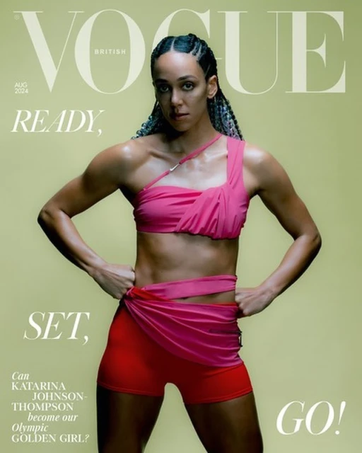 British Vogue magazine cover featuring Katarina Johnson-Thompson in pink athletic top and red shorts against a light green background.
