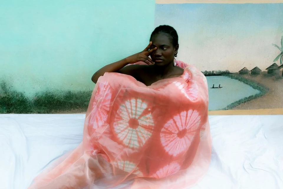Portrait of an African woman wrapped in a patterned textile, seated against a split blue and painted landscape background, in a studio setting.