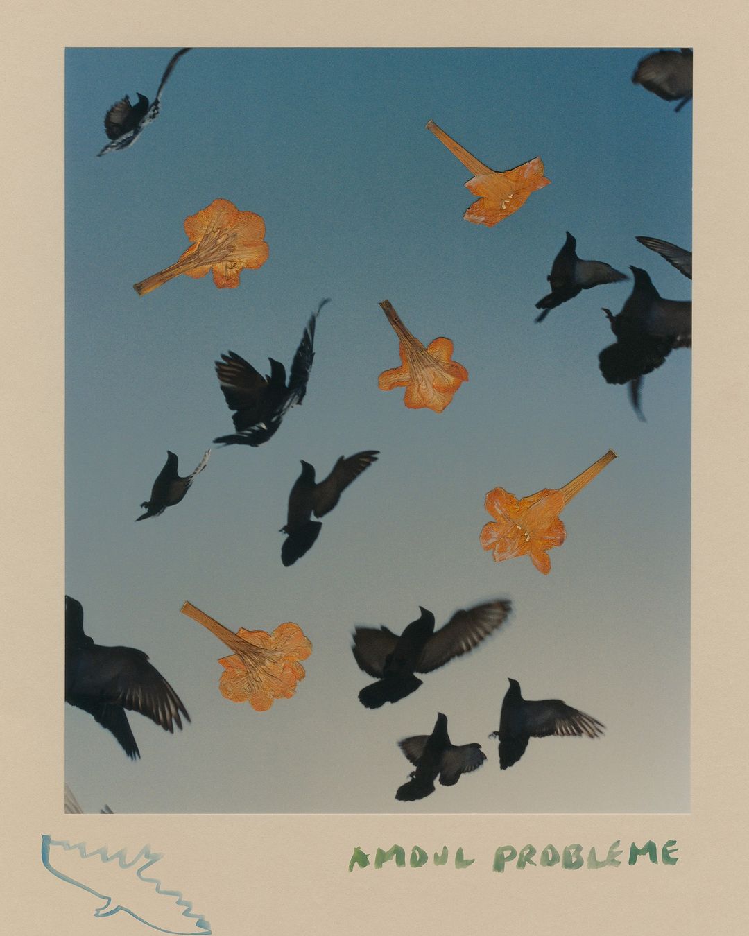 Artistic image shows birds in flight against a sky background, interspersed with floral elements, creating a surreal, nature-focused composition.