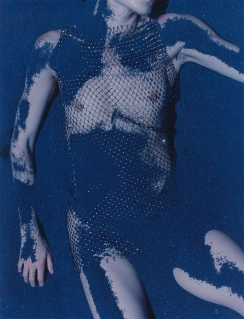 An adult fashion model poses in a fishnet dress with rhinestones covered in dark glitter, set against a dark blue background.