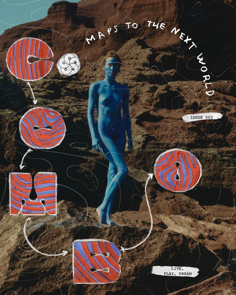 Blue-painted woman stands on a rocky landscape, surrounded by illustrated shapes and text overlay in a conceptual image.