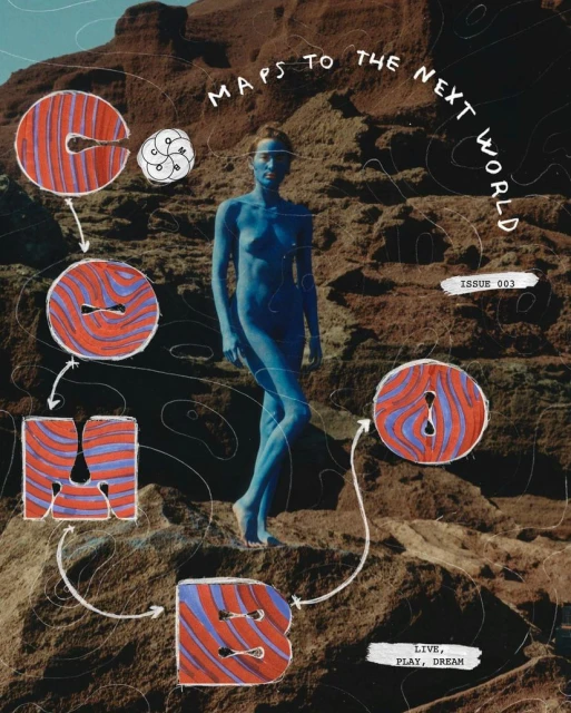 Blue-painted woman stands on a rocky landscape, surrounded by illustrated shapes and text overlay in a conceptual image.