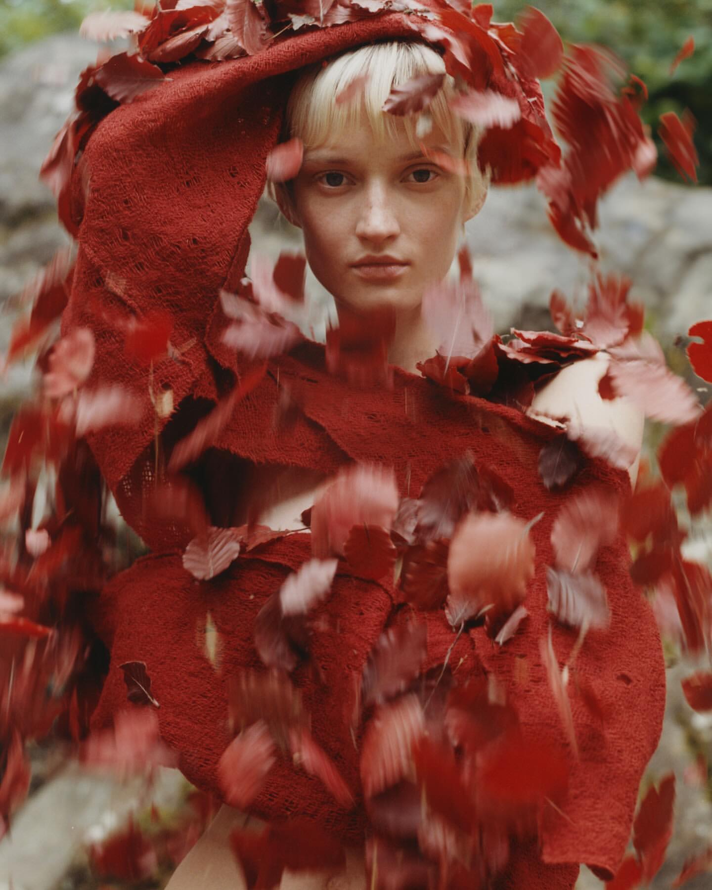 Woman with blonde hair wearing a red sweater with red leaves in an outdoor environment with diffused lighting and a neutral expression.