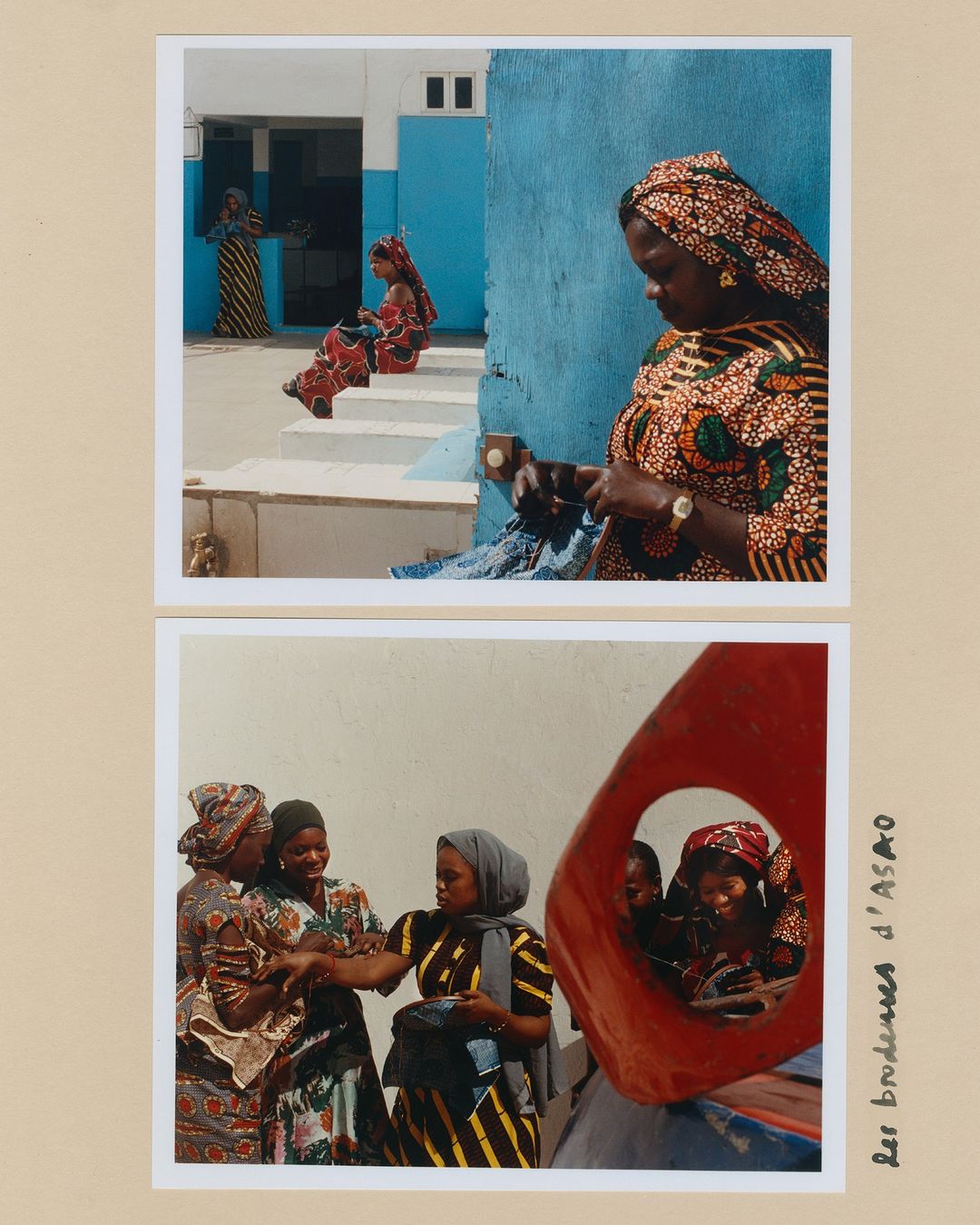 Outdoor photograph featuring a group of African women in colorful patterned dresses, some with headscarves, in a sunlit, candid setting.