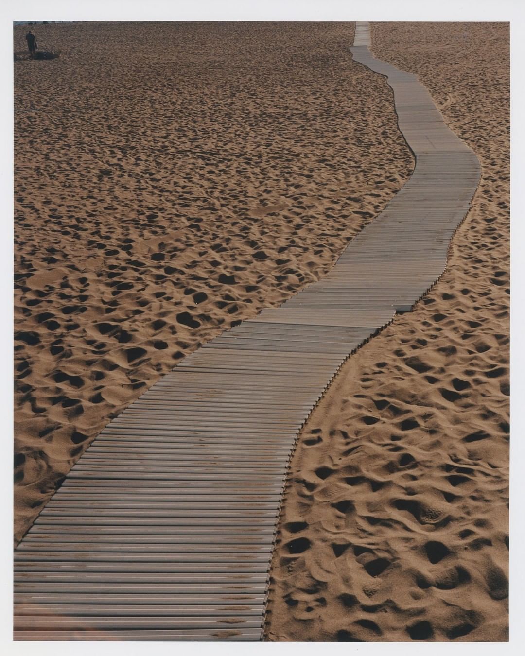 Wooden boardwalk curves through a sandy beach landscape, leading the eye through the scene with a solitary figure in the distance.
