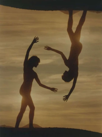 Silhouette of two people against a golden sky, one standing with arms raised, the other inverted in a striking display of movement.
