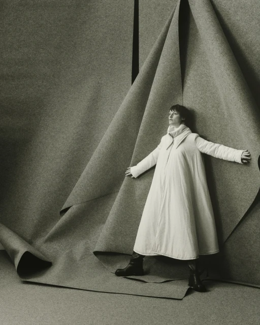 Monochrome fashion shot of an adult woman in a white coat, posing against folded gray fabric backdrop in a photo studio.