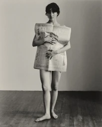 Woman standing on wooden floor holding a broadsheet newspaper across her torso as a garment, captured in portrait orientation.