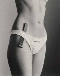 Close-up portrait of a woman wearing white briefs with a wooden comb tucked into the waistband against a neutral background.