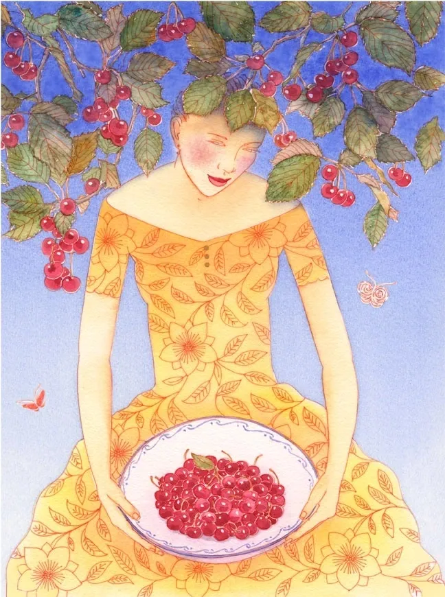 Painting of a woman in a yellow dress holding a plate of cherries, with cherry branches and leaves in the background against a blue sky.