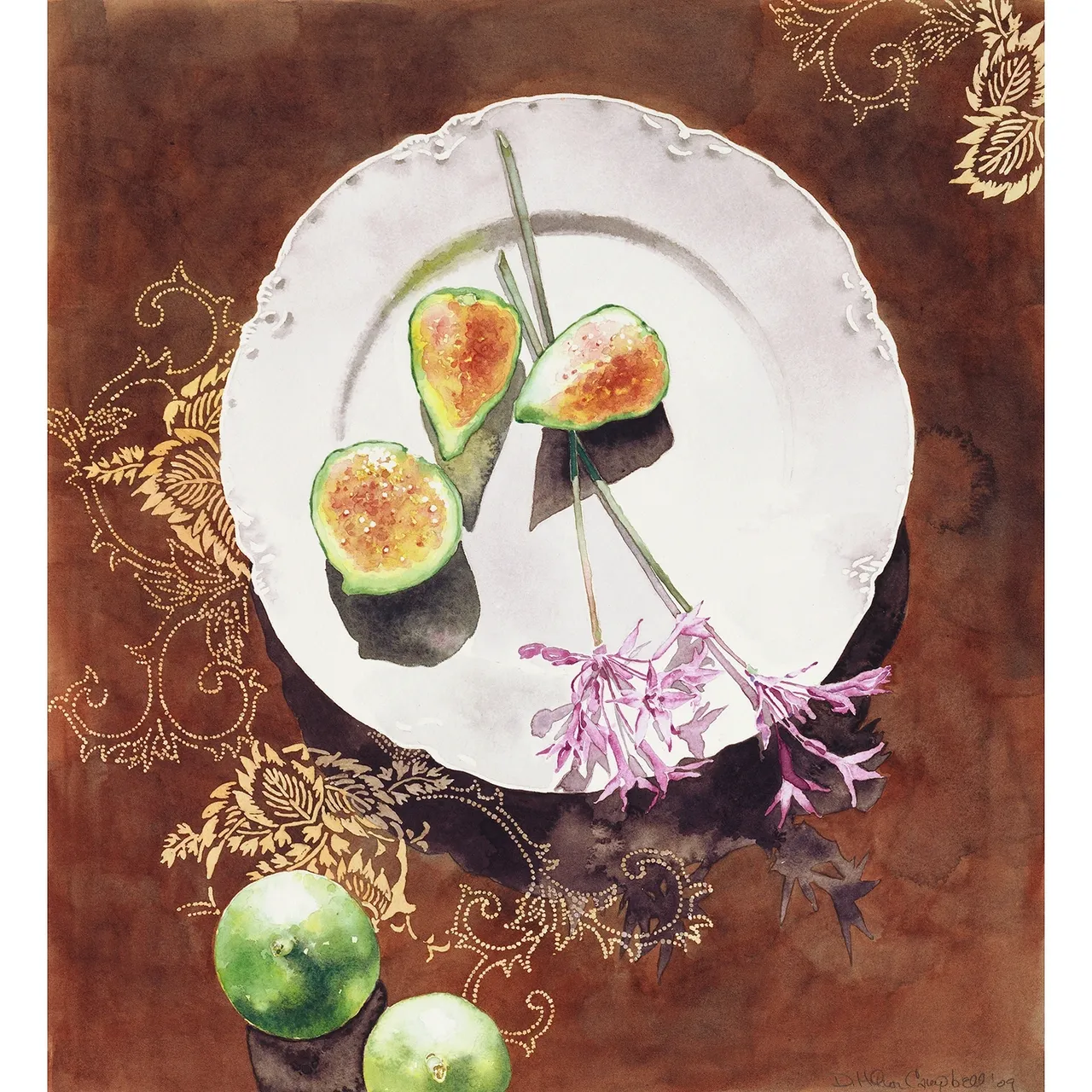 Overhead still life watercolor painting on a brown surface features sliced figs on a white plate next to purple allium flowers.