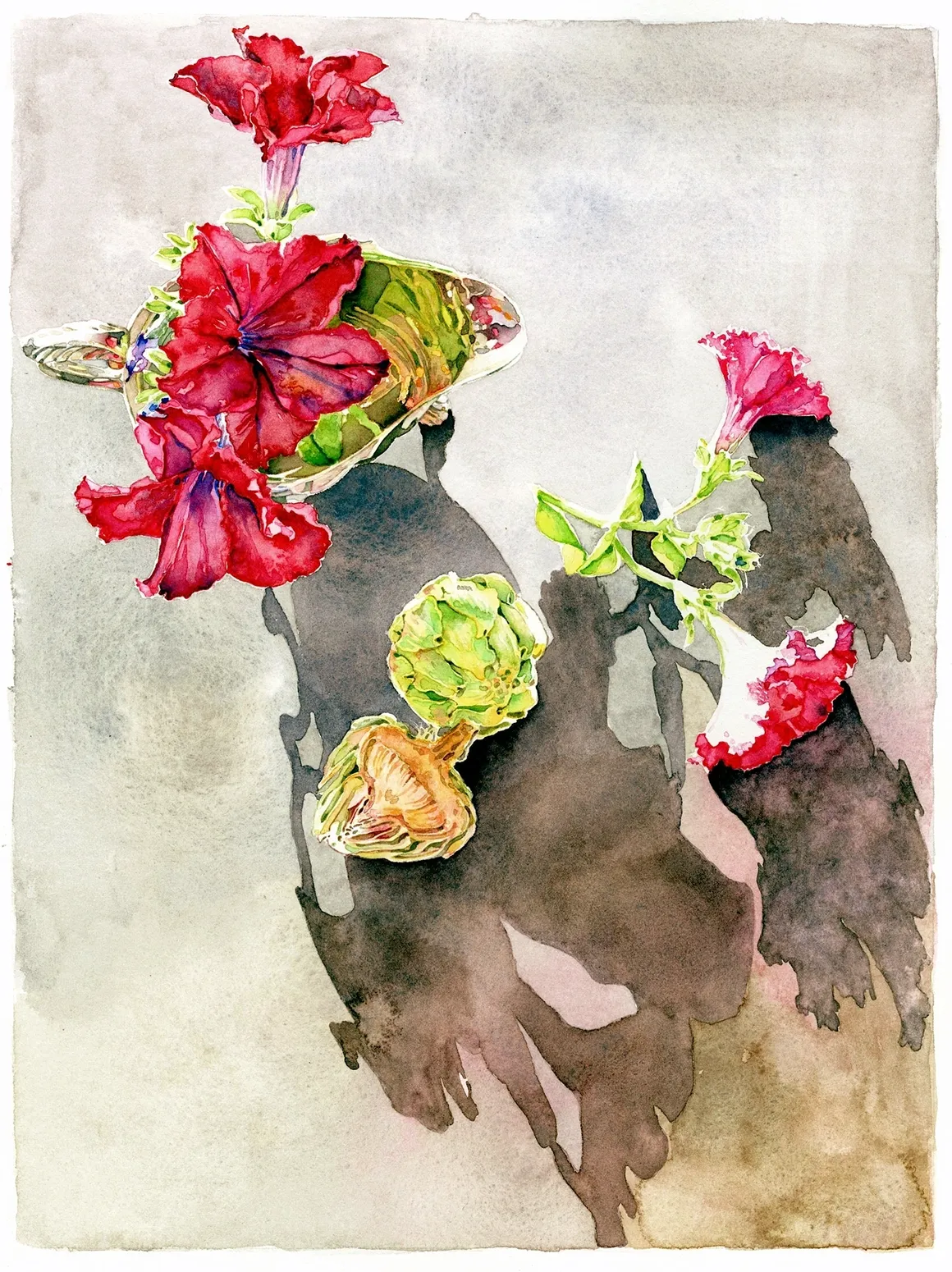 Watercolor painting of red petunias and artichokes arranged in a glass dish, casting a shadow on a neutral gray surface.