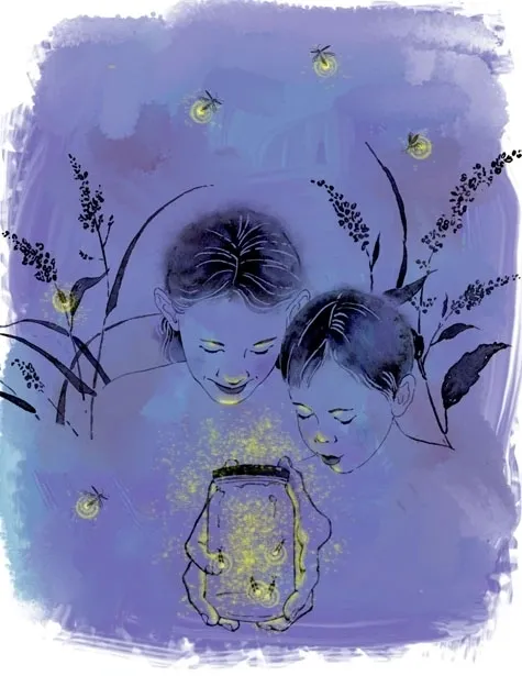 Illustration of two children looking at fireflies in a jar at night, rendered in watercolor with a dreamy, magical feel.