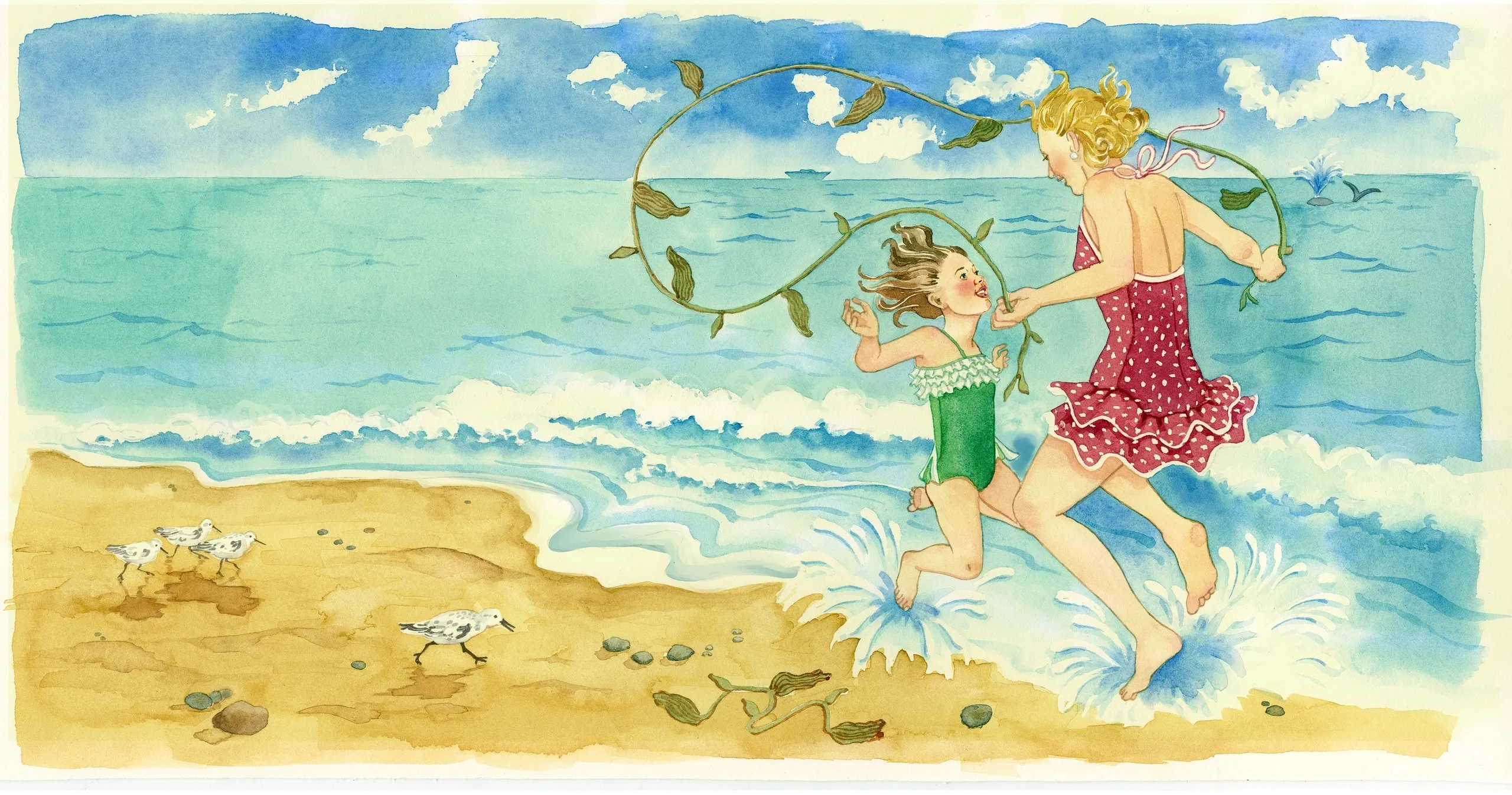 Watercolor illustration of two girls in swimsuits running through the ocean surf with a trailing vine, against a beach and sky background.