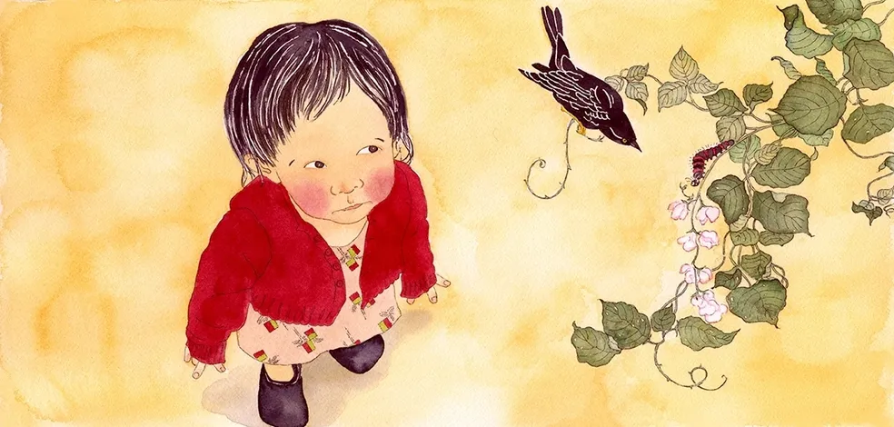 Illustration of a child looking up at a bird on a vine with leaves and flowers against a yellow background. Illustration, art.