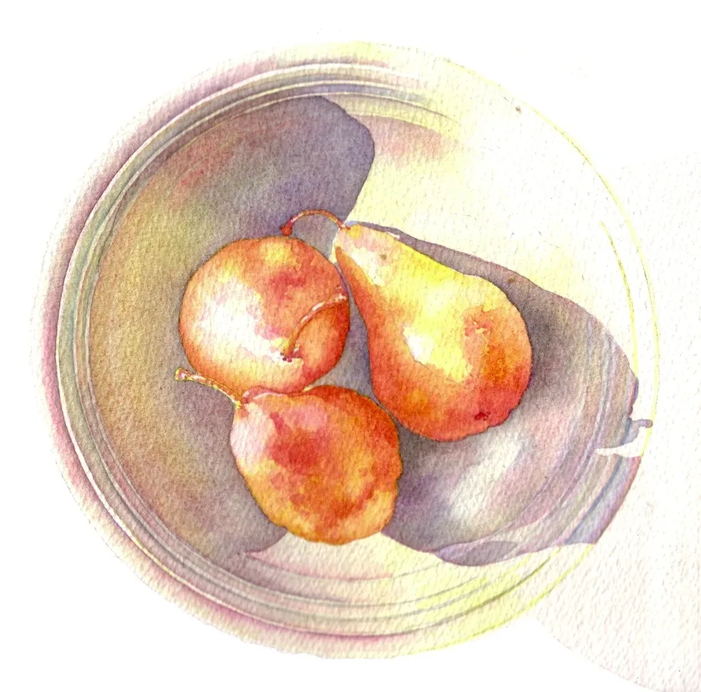 Watercolor painting of three pears in a clear glass bowl, showcasing warm colors and soft shadows on a white surface.