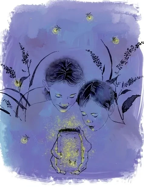 Illustration of two children looking down at glowing fireflies inside a glass jar surrounded by tall grass against a purple background.