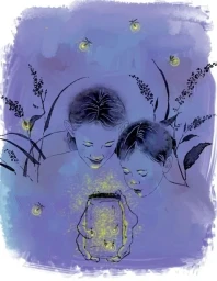 Illustration of two children looking down at glowing fireflies inside a glass jar surrounded by tall grass against a purple background.