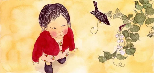 Watercolor illustration of a toddler in a red cardigan looking up at a blackbird perched on a flowering vine with a caterpillar.