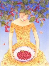 Watercolor illustration of a woman in a yellow floral dress holding a bowl of fresh red cherries under a cherry tree canopy.