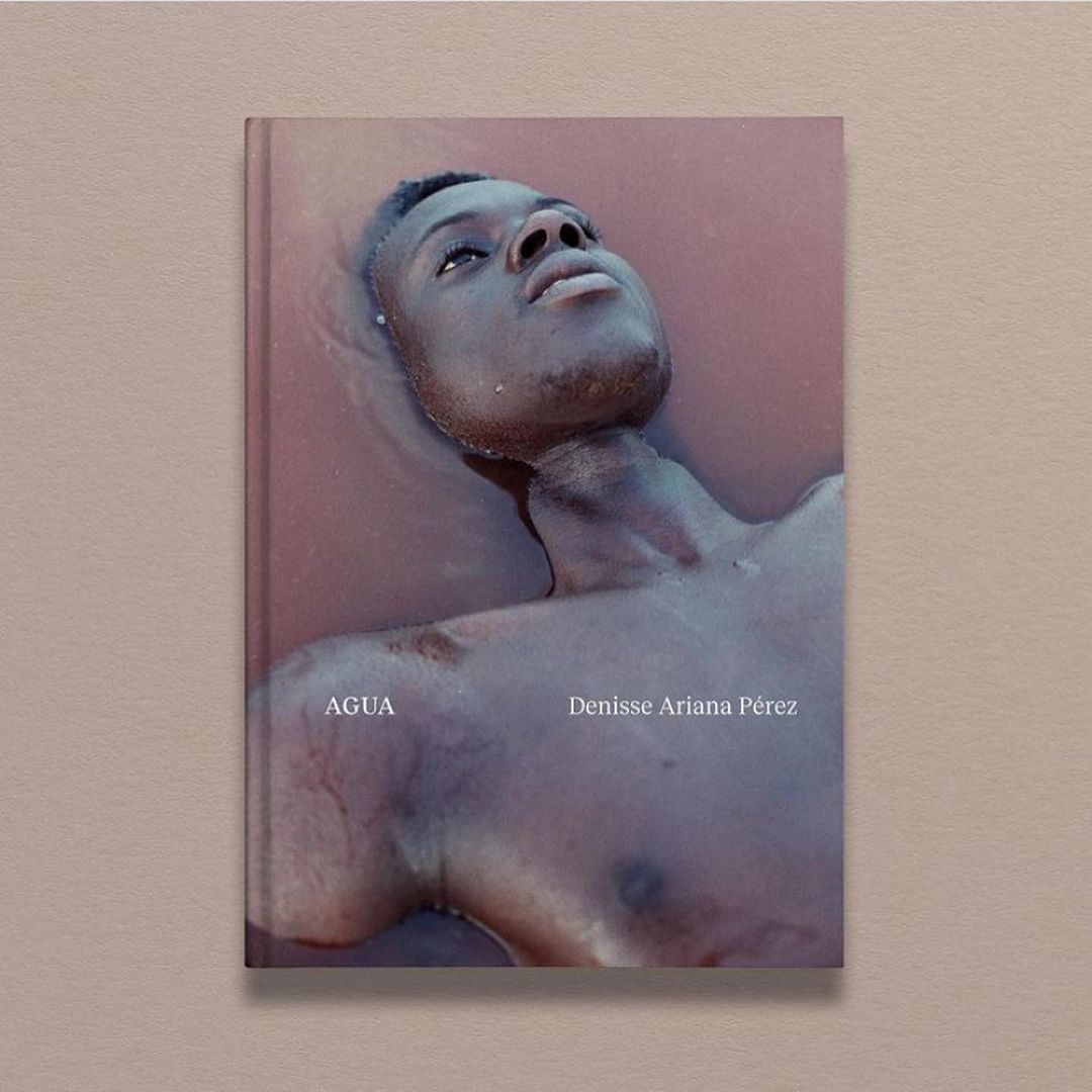 Book cover featuring a portrait of a shirtless Black male floating in reddish water, with the title 'AGUA' and author Denisse Ariana Pérez.