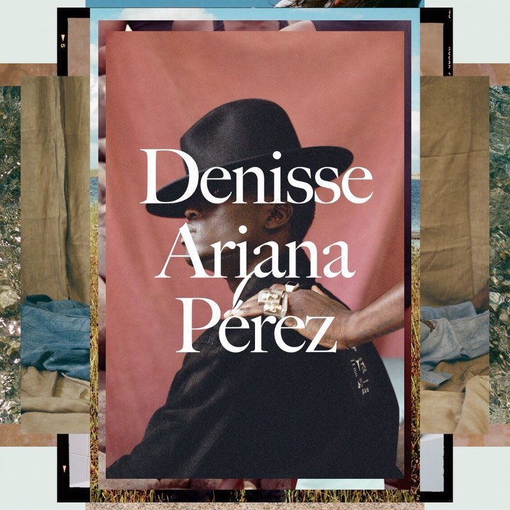 Denisse Ariana Perez portrait against pink background with overlaid film strips and outdoor scenery, fashion forward and artistic.