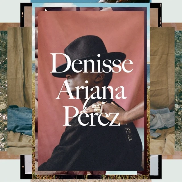 Denisse Ariana Perez portrait against pink background with overlaid film strips and outdoor scenery, fashion forward and artistic.