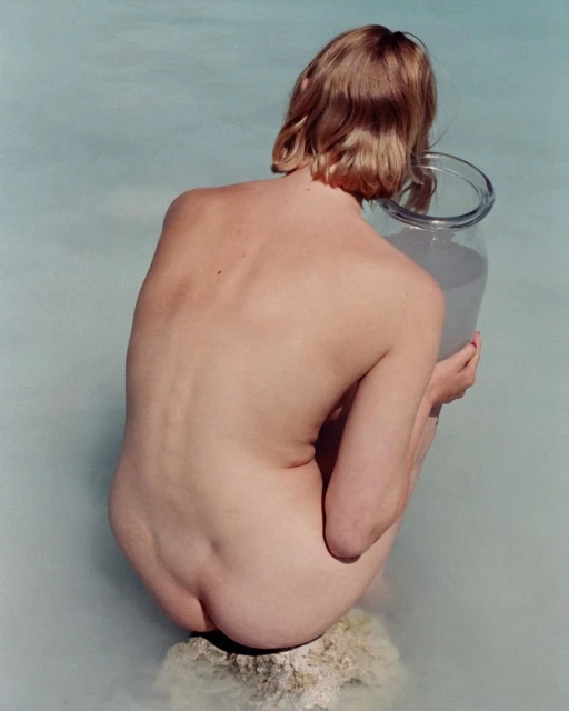 Back view of a fair-skinned, blonde woman sitting on a rock holding a large clear glass jar in light blue water outdoors.