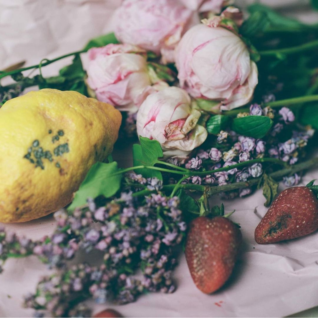 Still life arrangement of a large yellow lemon, fresh pink peonies, small purple flowers, and ripe strawberries on paper