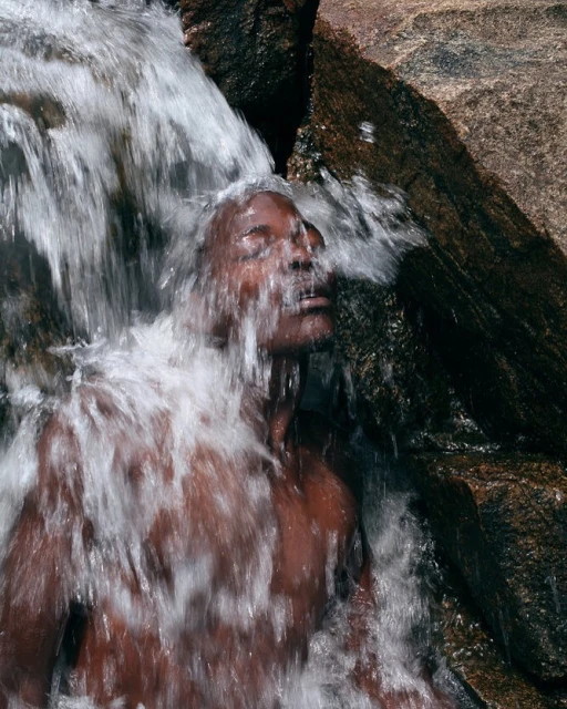 African American man under a waterfall with water cascading over his face and body, surrounded by dark, wet rocks in a natural setting.