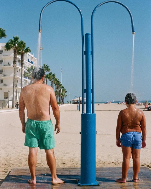 Two shirtless men in swim trunks shower under blue beach showers. Water streams over them on a sunny day with palm trees and hotels in background.