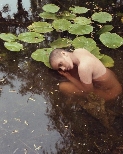 Person submerged in water among lily pads. Young adult with a shaved head rests their head on their hand in a serene setting.