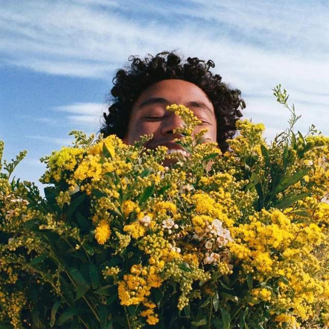 Close-up of a person with curly hair surrounded by yellow and white flowers against a bright blue sky with wispy white clouds.