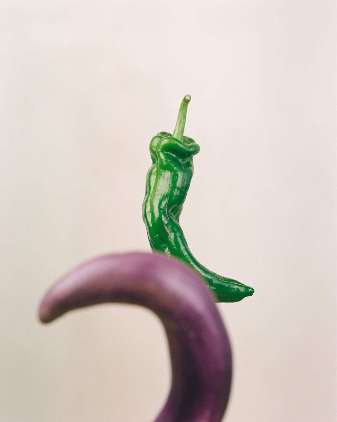 Still life close-up: a green pepper stands above an out-of-focus purple pepper against a pale neutral background, studio lit.