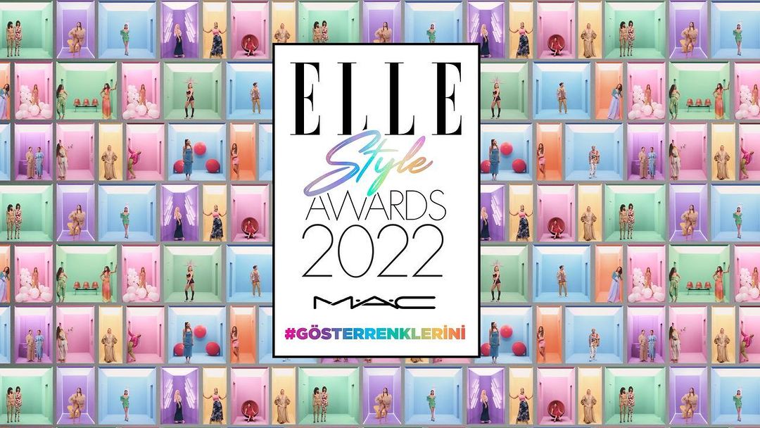 Elle Style Awards 2022 ad: a grid of women in colorful rooms with the Elle Style Awards 2022 logo and MAC Cosmetics logo.