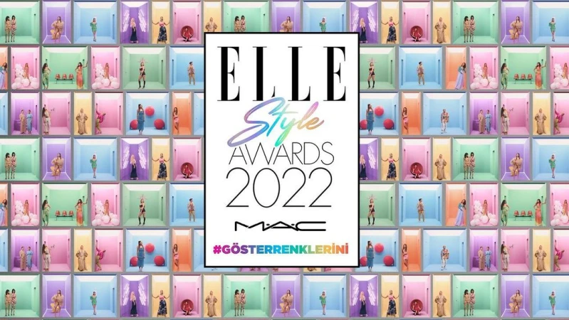 Elle Style Awards 2022 ad: a grid of women in colorful rooms with the Elle Style Awards 2022 logo and MAC Cosmetics logo.