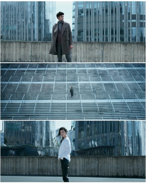 Three-panel shot featuring stylish adult male models in overcoats against urban backdrops, stairs, and building exteriors, showcasing fashion.