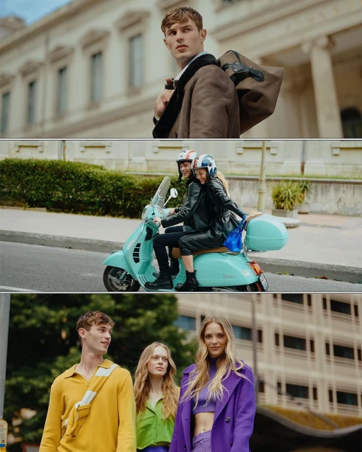 Three scenes show a man with a duffel bag, a couple riding a scooter, and three fashionably dressed people in an urban setting.