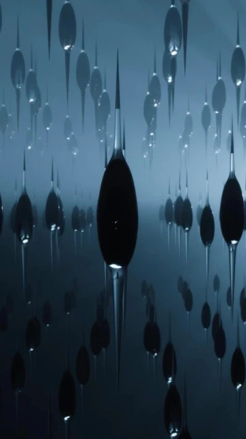 Abstract shot with floating, dark, elongated shapes with pointed ends. The background is dark blue and slightly out of focus.