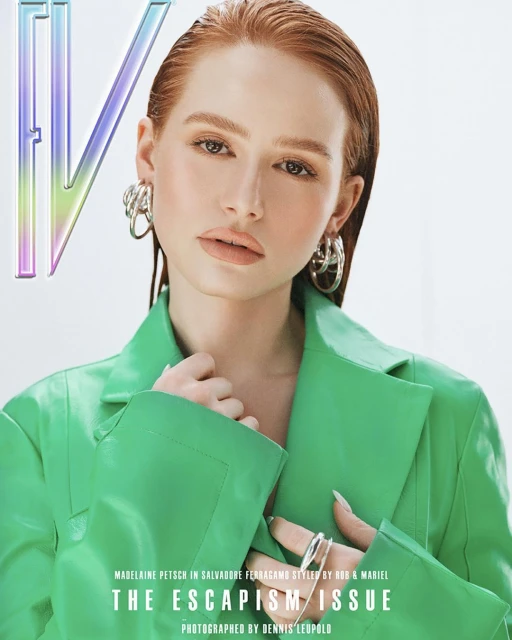 Magazine cover featuring Madelaine Petsch in a green Ferragamo jacket, showcasing silver hoop earrings and rings against a light backdrop.