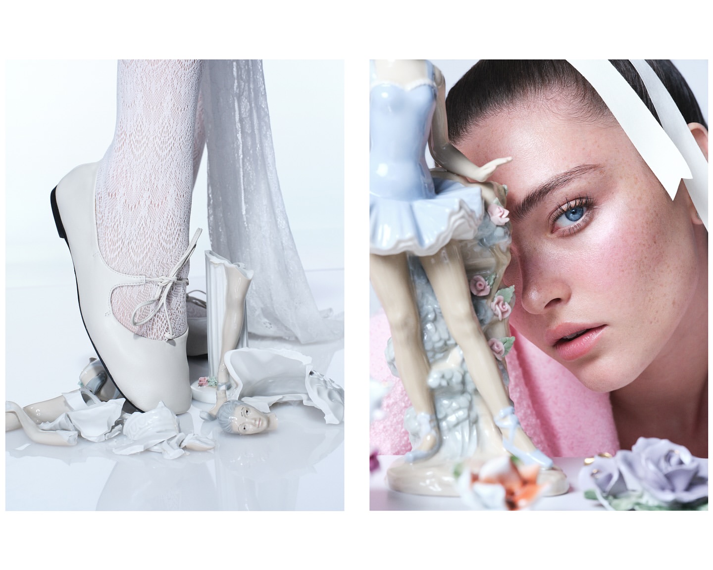 A fashion editorial showcasing a woman's face and broken porcelain dolls with a ballerina, styled with shoes, hosiery, and ribbons.